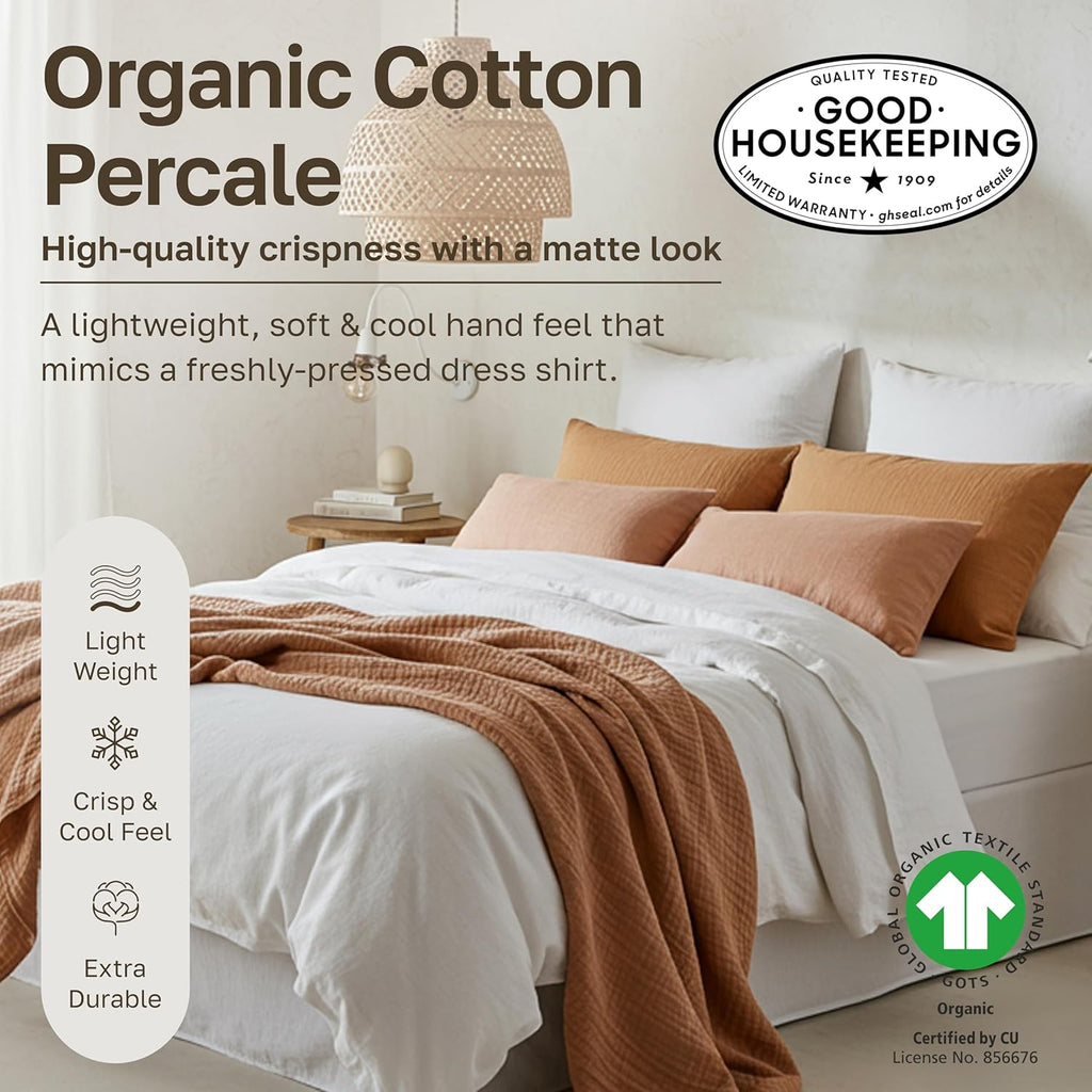 California Design Den Pack of 2 Percale Sheets King Size Set - 100% Organic Cotton, Deep Pocket King Sheets Sets, Crisp, Breathable and Lightweight Bedding - White