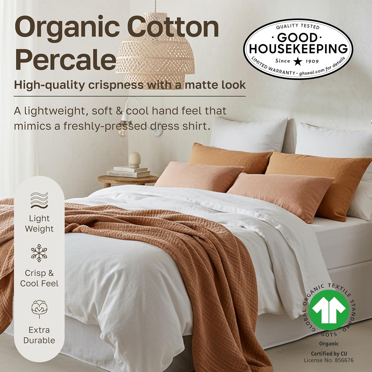 California Design Den Pack of 2 Percale Sheets King Size Set - 100% Organic Cotton, Deep Pocket King Sheets Sets, Crisp, Breathable and Lightweight Bedding - White