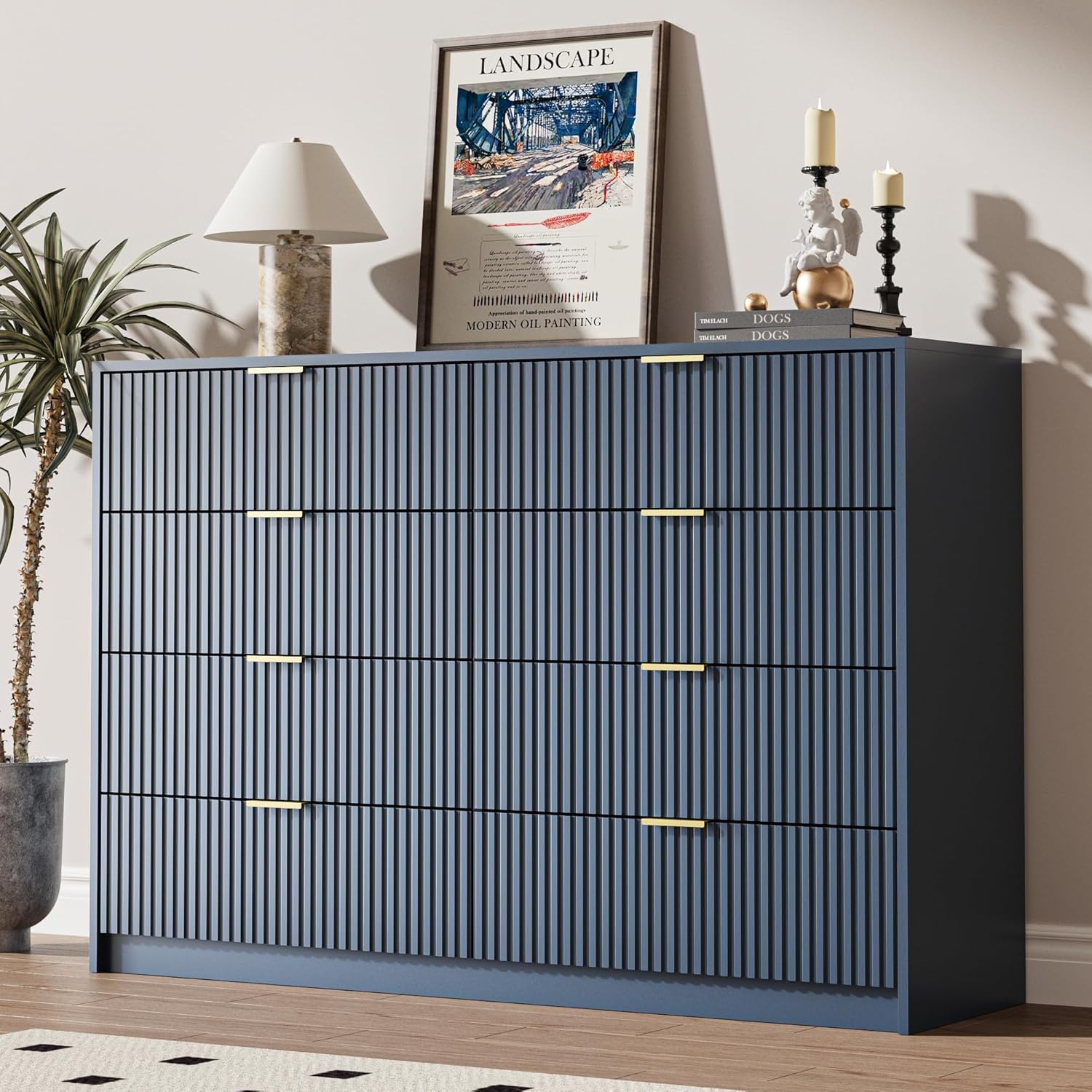 MAISONARIA Navy Dresser for Bedroom, 8 Drawer Double Dresser, Modern Chest of Drawers for Bedroom, Living Room, Entryway and Closet, 55' L x 15.7' D x 37.4' H