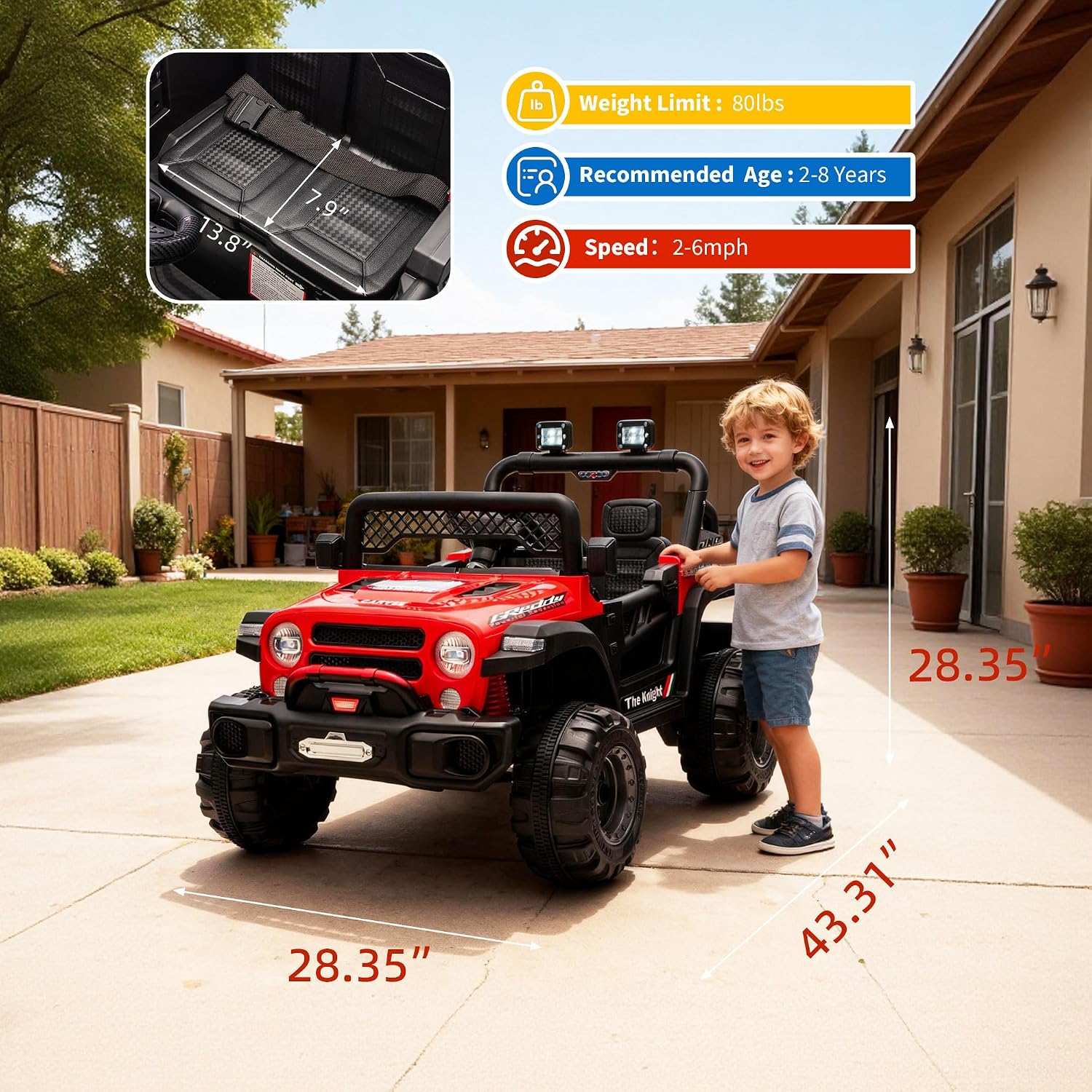 12V Ride on Truck，Kids Electric Car with Parent Remote Control| Features 3 Speeds Up to 6MPH, 2 * 550w Moto, Safty Belt，Spring Suspension, LED Lights, Music for Children Aged 2-8 Years(Red)