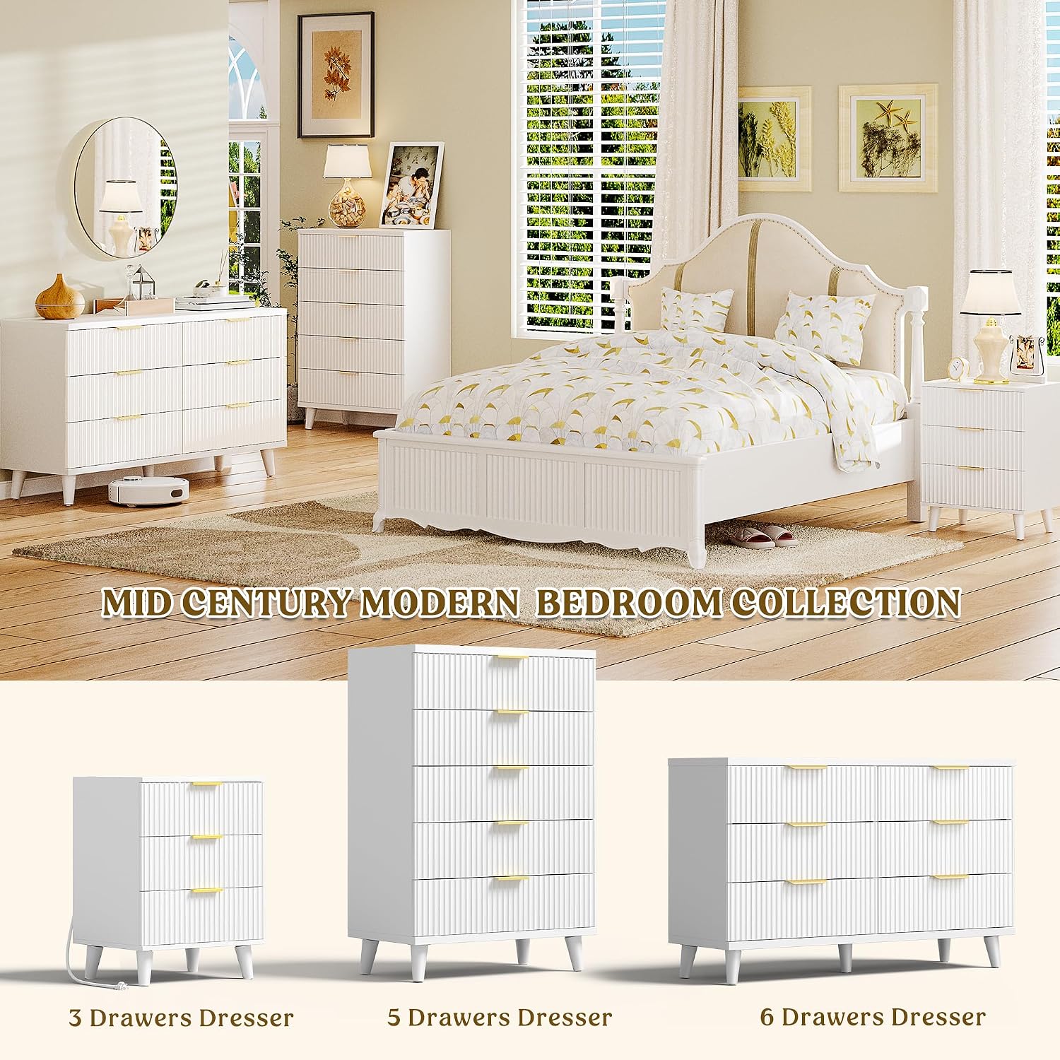 Lulive White Dresser for Bedroom Wood Dressers Chest of Drawers, Fluted 53.2' Wide Modern Long Dresser TV Stand 6 Drawers for Bedroom, Closet, Living Room, Hallway (White)