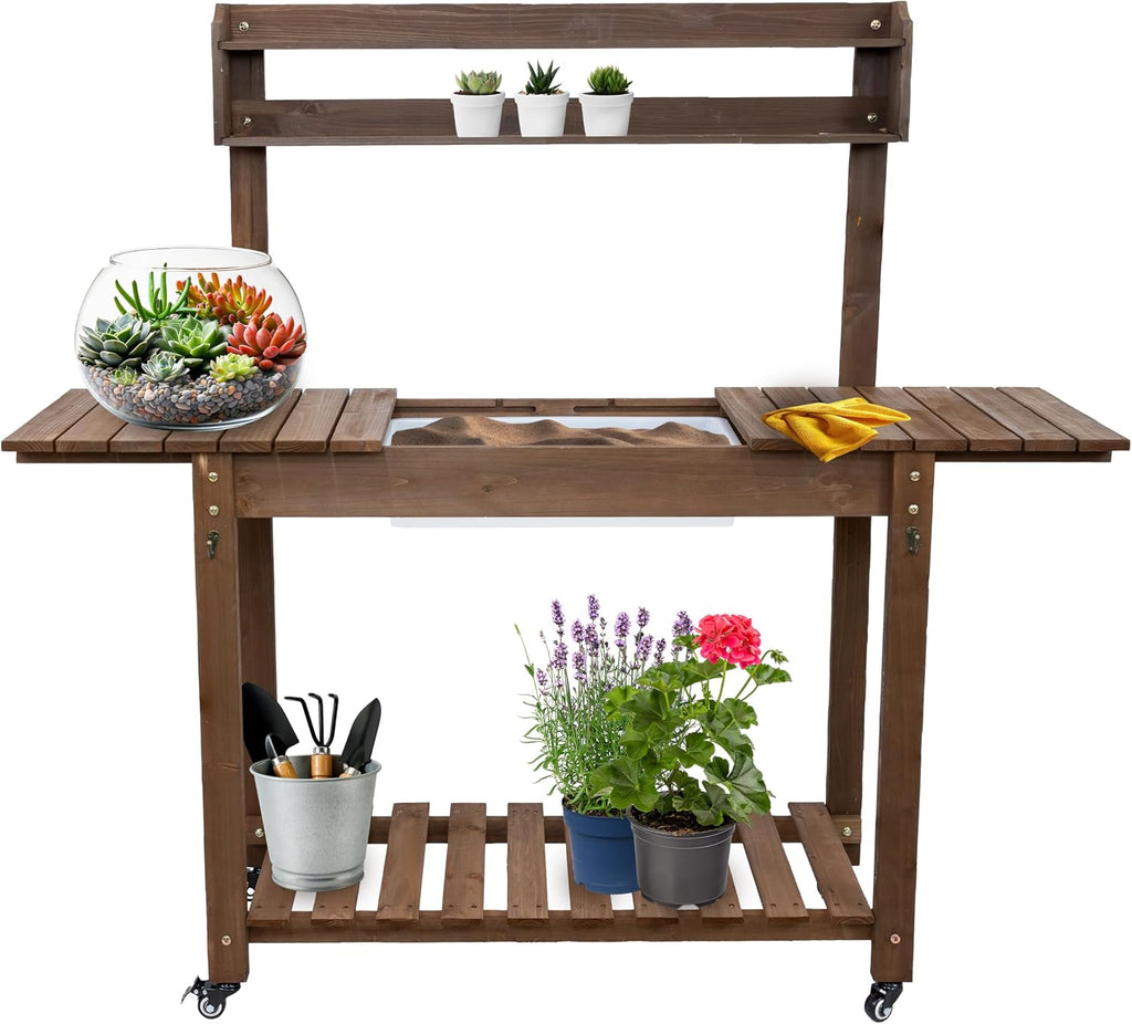 Sunnydaze Wheeled Garden Potting Bench with Sink - Outdoor Potting Table - Garden Table with Planting Station and Hooks - Brown