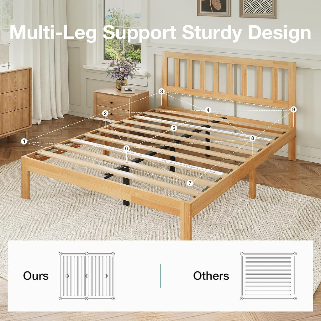 Novilla 12 Inch Full Size Bed Frame Solid Wooden Full Bed Frames with Headboard Wooden Classic Bed Frame Foundation, No Box Spring Needed, Easy Assembly, Natural Grain Wood