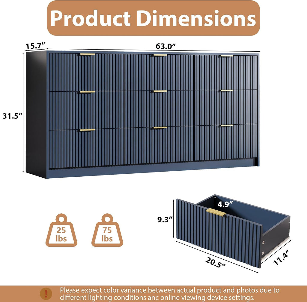 MAISONARIA Navy 9 Drawer Dresser for Bedroom, 63' Wide Modern Fluted Dresser with Gold Metal Handles, Chest of Drawers for Bedroom, Living Room, Entryway, Hallway