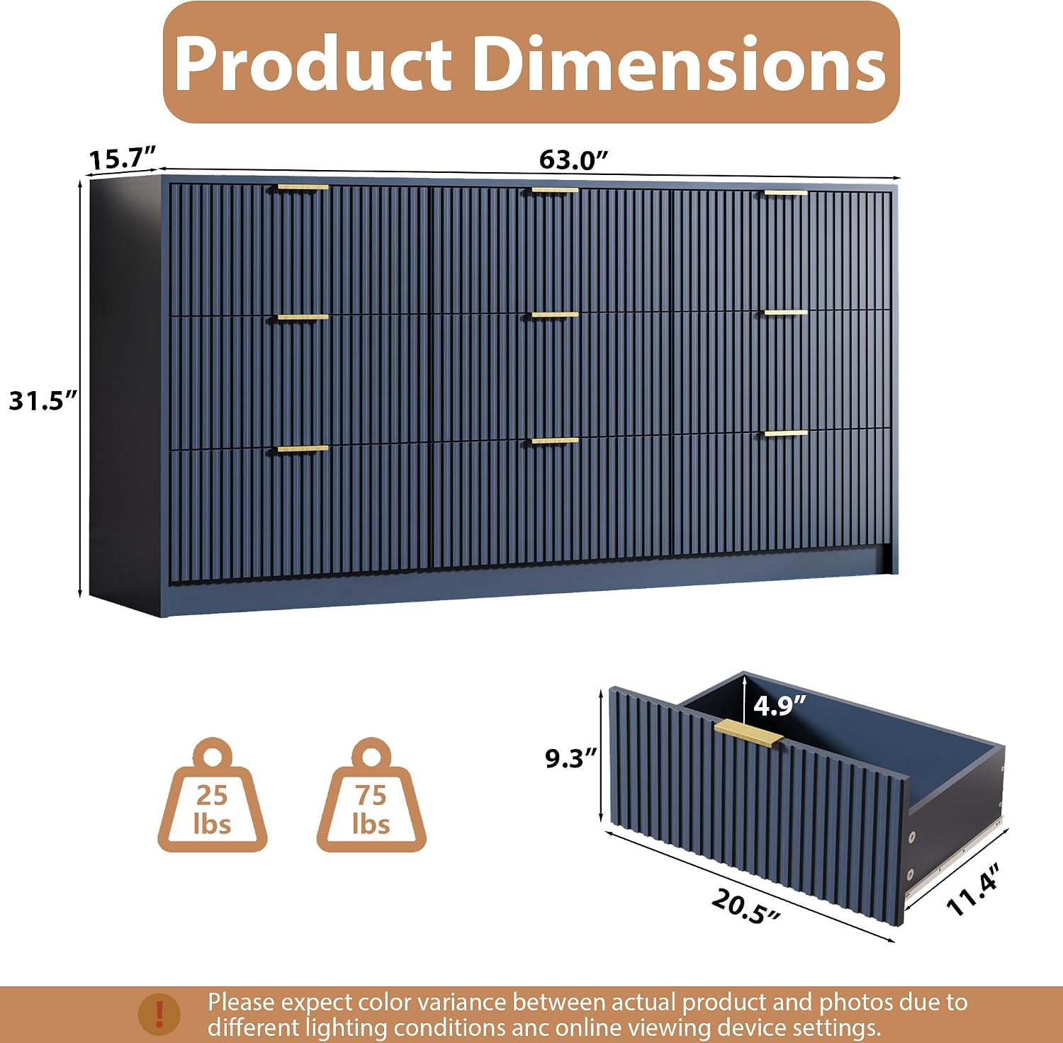 MAISONARIA Navy 9 Drawer Dresser for Bedroom, 63' Wide Modern Fluted Dresser with Gold Metal Handles, Chest of Drawers for Bedroom, Living Room, Entryway, Hallway