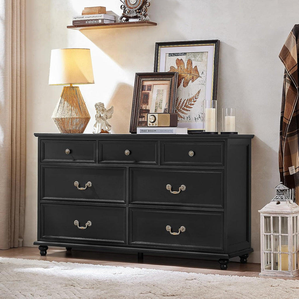 Joaxswe Farmhouse Furniture Set, Nightstands Set of 2 and 7 Drawers Dresser for Bedroom, 54 Inch Wide Wood Dresser and 24' Night Stands with Charging Station for Bedroom, Living Room, Hallway