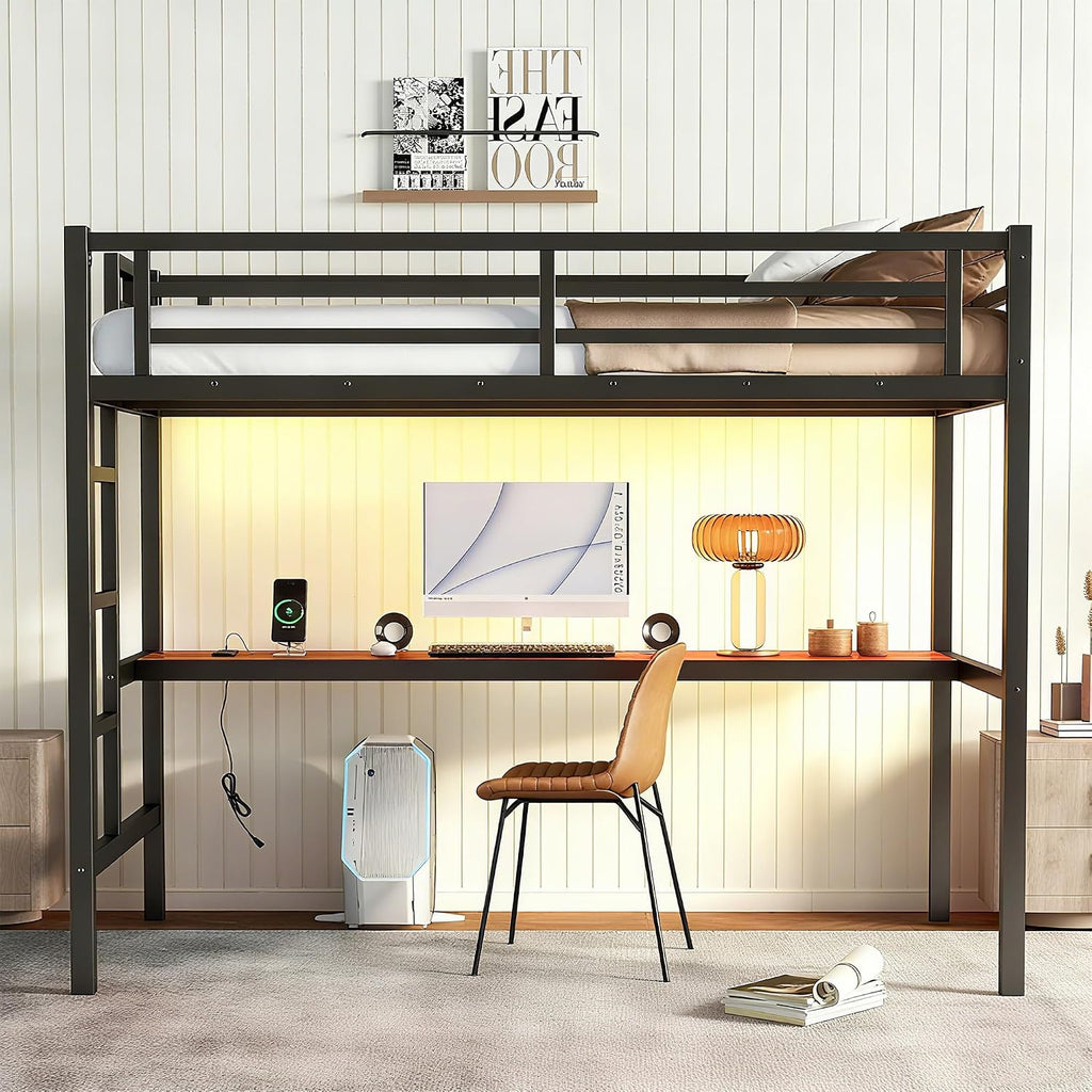 Bellemave Metal Twin Size Loft Bed with Desk and Charging Station,Heavy Duty Loft Bed Frame with LED Lights and USB for Kids,Teens,Adults,Twin Size,Black