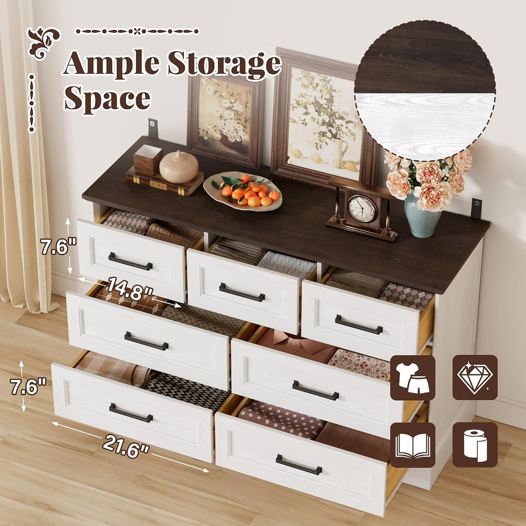 Furmax Farmhouse Dresser for Bedroom, 7 Drawers Dresser, Wood Chest of Drawers, 47.5' Wide Storage Dressers Organizer for Bedroom, Living Room, White and Brown