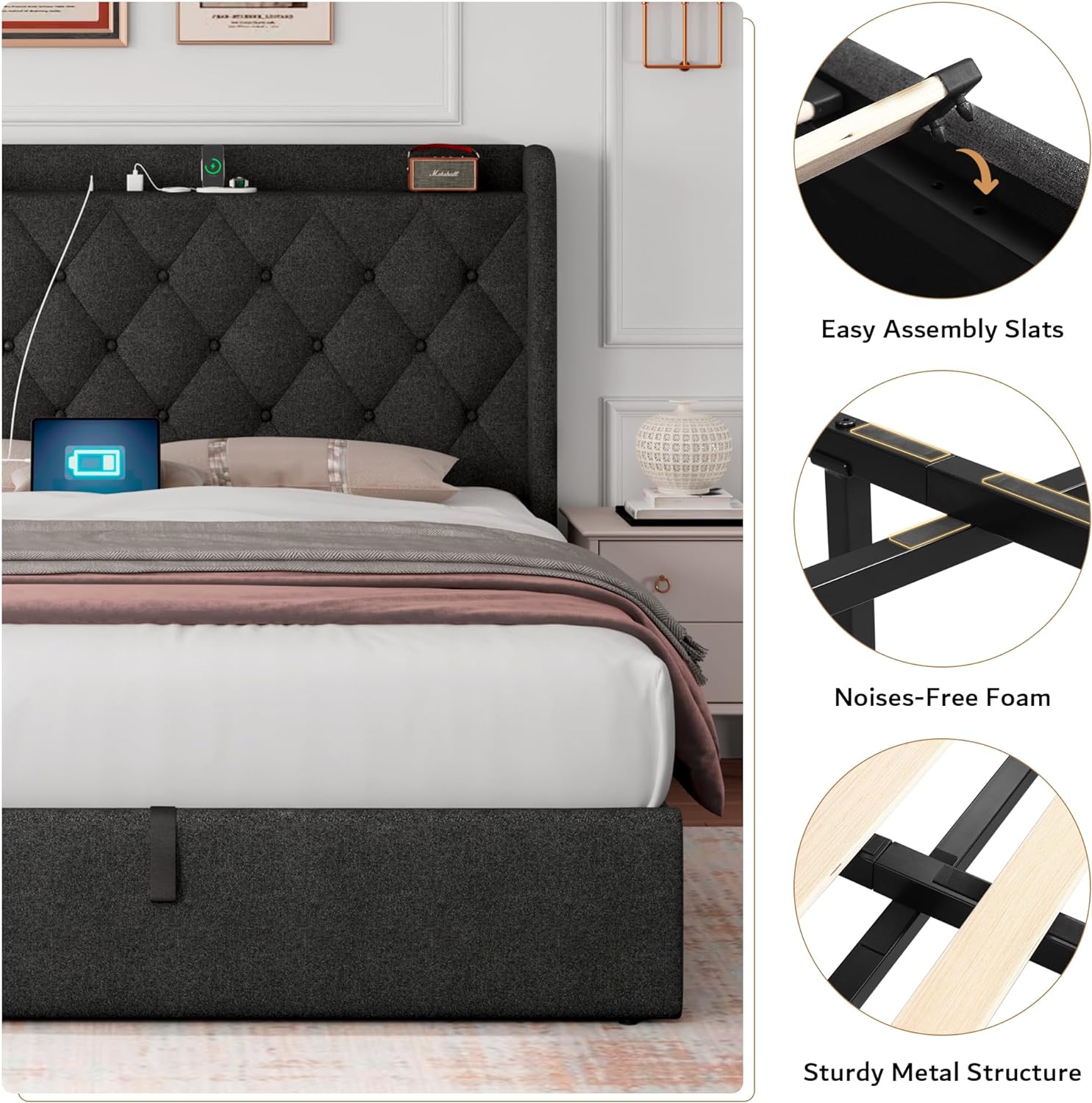 iPormis Queen Size Lift Up Storage Bed Frame with Charging Station, Upholstered Platform Bed Frame with Tufted Headboard, Hydraulic Storage, No Box Spring Needed, Noise-Free, Easy Assembly, Dark Grey