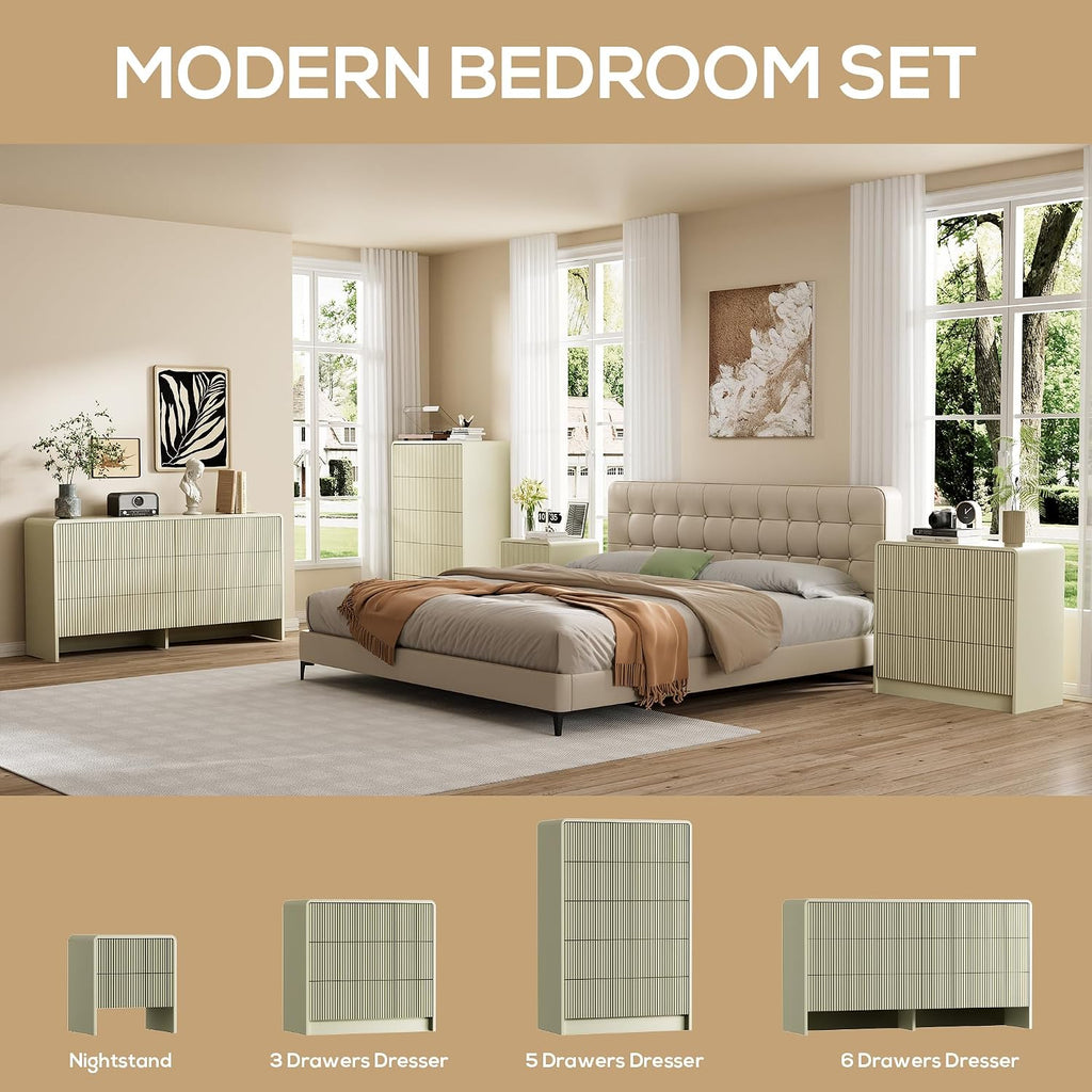 Furniway Beige 3 Drawer Dresser, 32' Wide Wood Chest of Drawers with Curved Design, Modern Fluted Dresser with Push-to-Open Storage for Bedroom