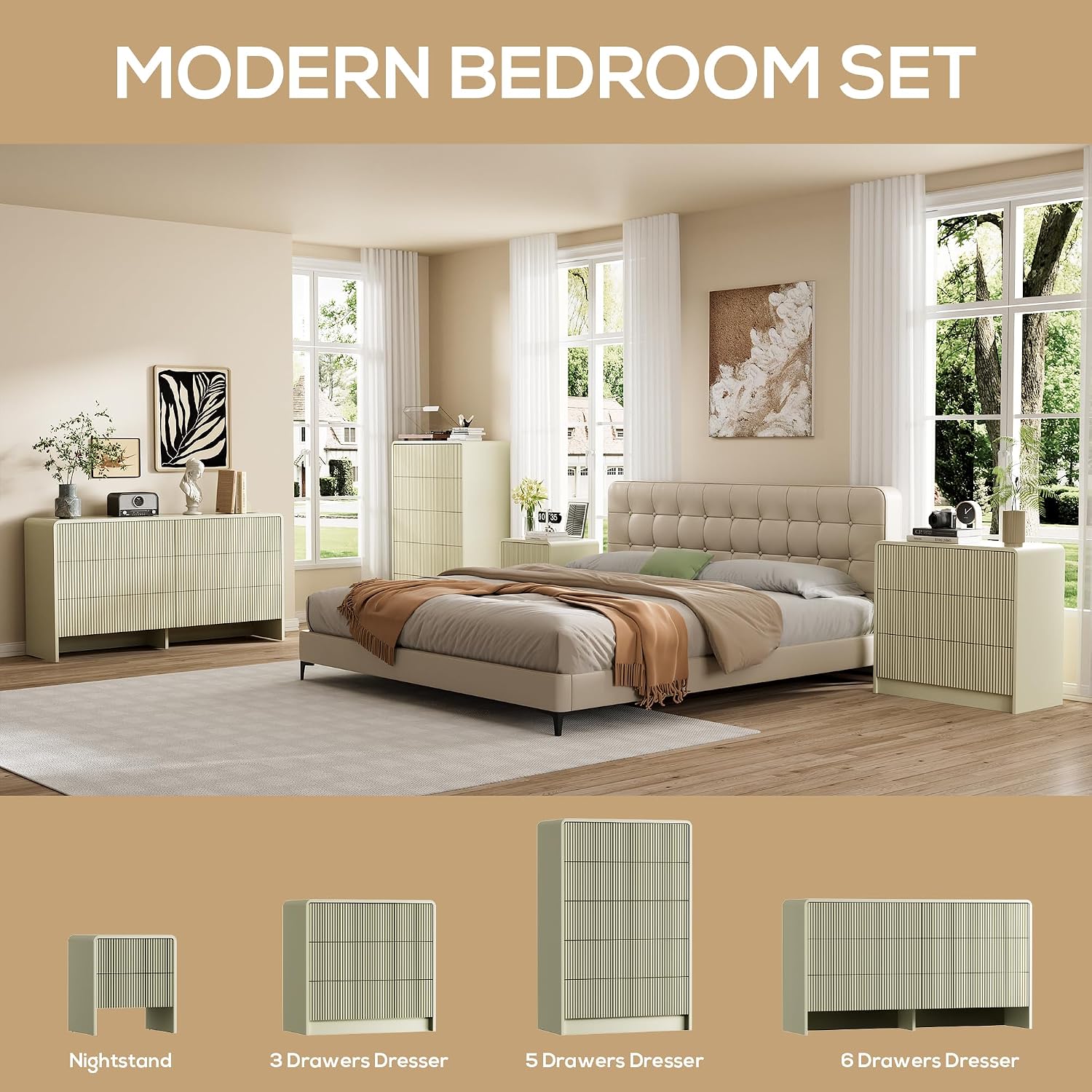 Furniway Beige 3 Drawer Dresser, 32' Wide Wood Chest of Drawers with Curved Design, Modern Fluted Dresser with Push-to-Open Storage for Bedroom