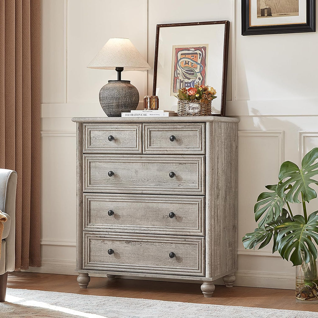 RWYHG Farmhouse 5 Drawer Dresser for Bedroom, 35.5' Tall Small Dressers & Chest of Drawers, Rustic Wood Dresser with Roman Column, Storage Organizer for Living Room, Hallway, Closet (Grey)
