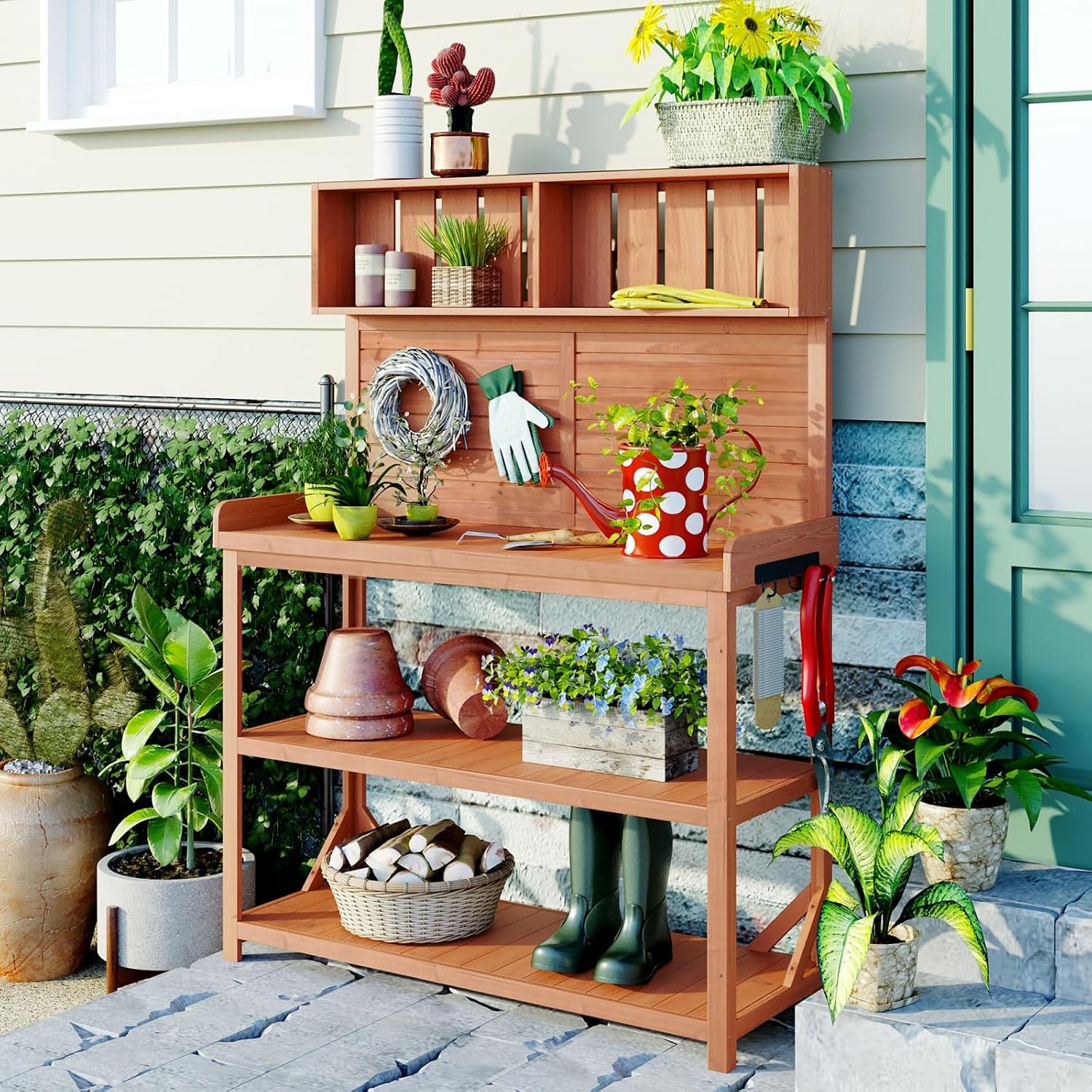 65' Large Wooden Farmhouse Rustic Outdoor Potting Bench Table, Patio Workstation, Garden Potting Bench with 4 Storage Shelves and Side Hook,Natural