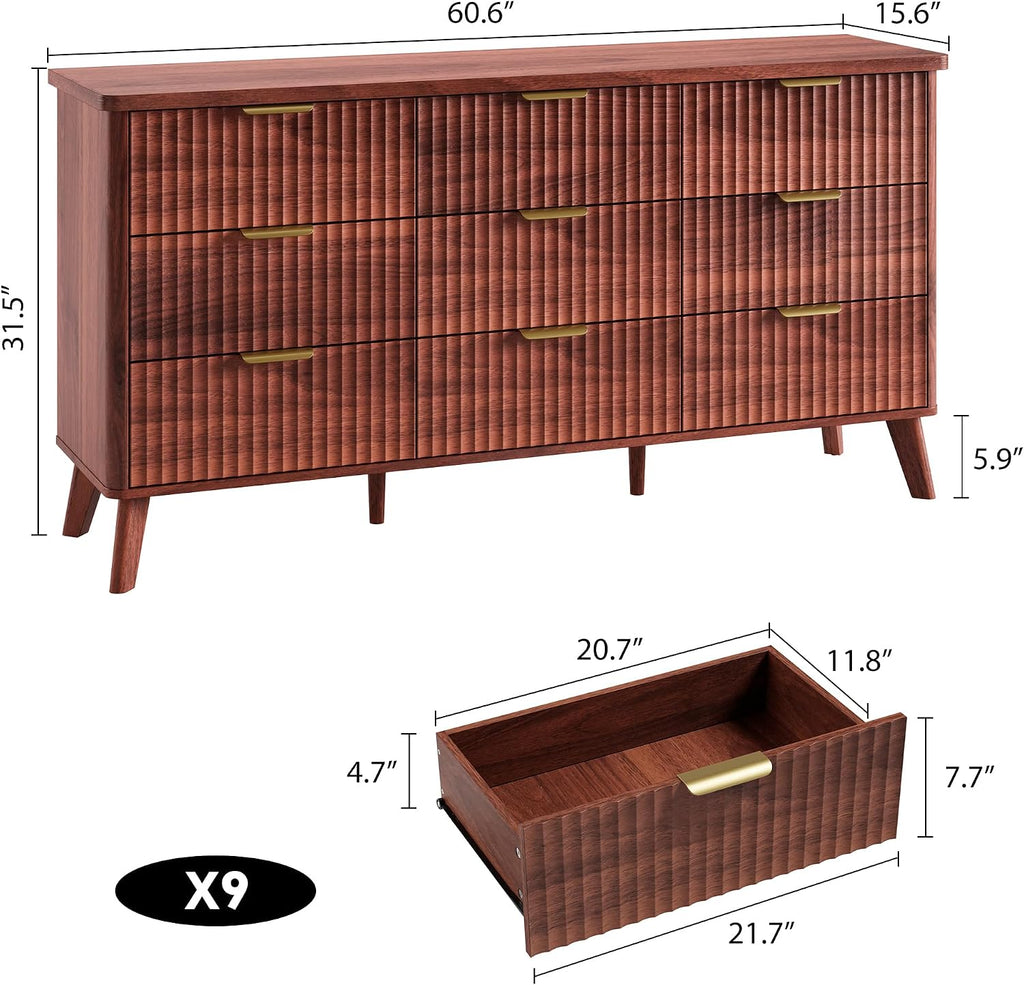 GarveeHome Fluted Dresser for Bedroom with 9 Deep Drawers, 60.6 in Wide Modern Chest of Drawers, Wooden Dresser TV Stand, Curved Profile Design, for Living Room, Kids Room, Hallway, Walnut