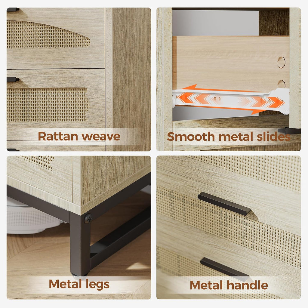 Mericonia 5 Drawer Rattan Dresser for Bedroom, Wood Tall Dresser for Closet with Metal Handles, Boho Nightstand Sets, Dressers & Chests of Drawers for Bedroom, Hallway and Entryway, Oak