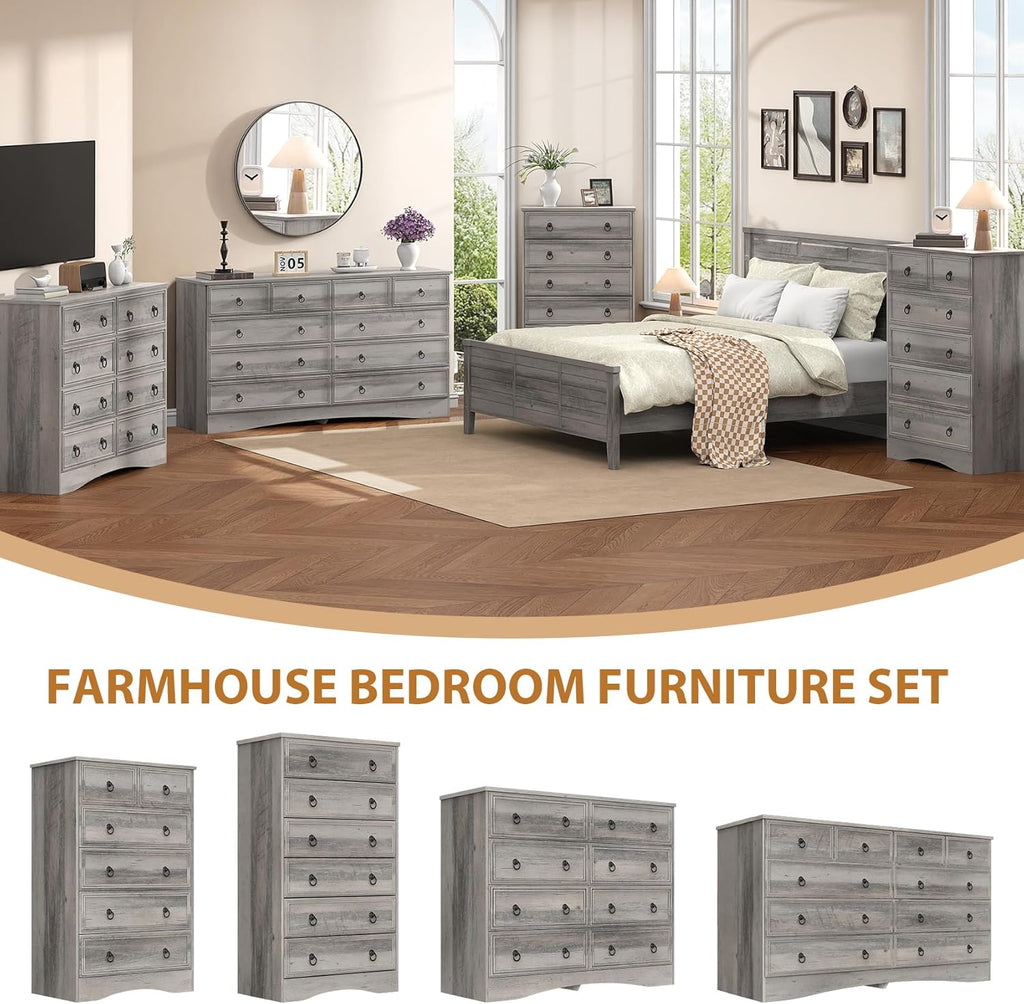 VVFLU 6 Drawer Dresser Tall, 52' Tall Grey Dresser for Bedroom, Chest of Drawers, Large Storage Organizer for Clothes, Grey Vintage, for Living Room, Bedroom, Hallway