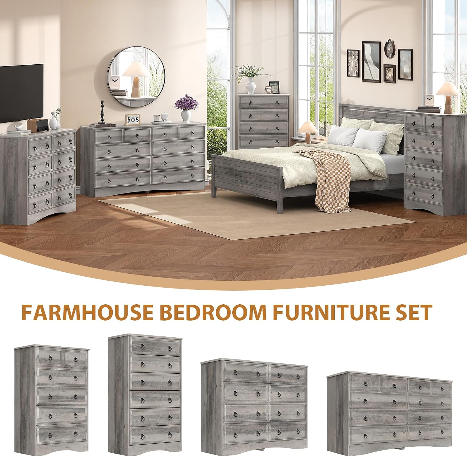 VVFLU 48'' Tall Grey Dresser with 6 Drawers Chest of Drawers for Bedroom, Large Storage Organizer for Clothes, for Living Room, Bedroom, Hallway, Taupe Grey