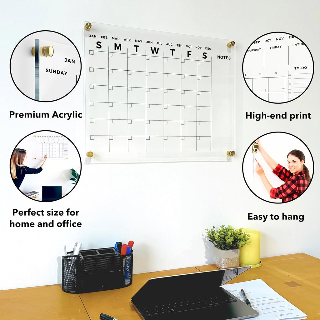 Acrylic Wall Premium Calendar with Black Hardware - Monthly and Weekly Board Family Planner - Dry Erase Calendar Family Calendar - Marker (Gold Standoff, 40'x28' (XLarge))