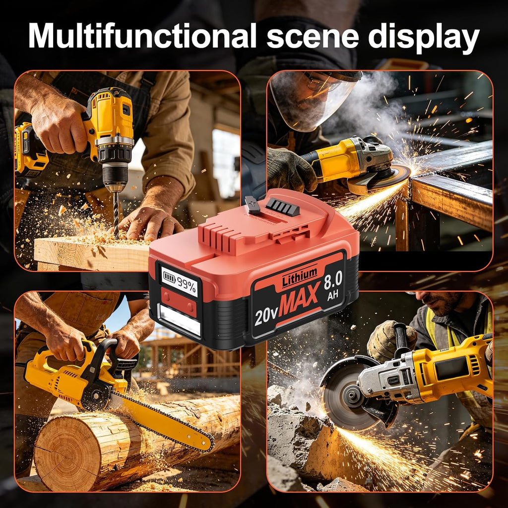 8.0Ah 2026 New Upgraded Replacement for Dewalt 20V Max Battery, 65W PD Type-C Bidirectional Charging LCD Display LED Light, Compatible with 20 Volt DCB203 DCB204 DCB205 DCB206 Cordless Power Tools