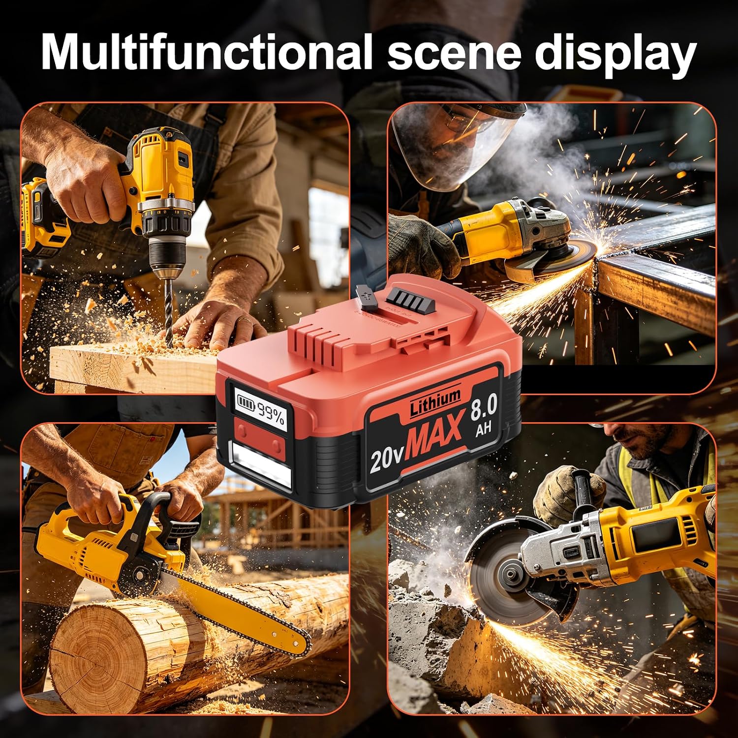 8.0Ah 2026 New Upgraded Replacement for Dewalt 20V Max Battery, 65W PD Type-C Bidirectional Charging LCD Display LED Light, Compatible with 20 Volt DCB203 DCB204 DCB205 DCB206 Cordless Power Tools