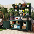 Rustic 50.2' Solid Fir Wood Patio Potting Bench with Hutch,Garden Workstation with Large Countertop,2 Shelves,2 Cabinets,3 Side Hooks,Planting Table for Backyard (Forest Green#H)
