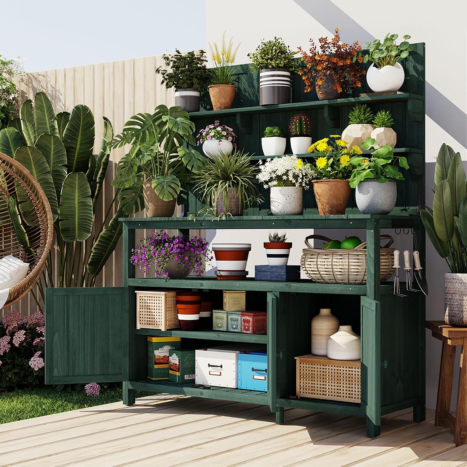 Rustic 50.2' Solid Fir Wood Patio Potting Bench with Hutch,Garden Workstation with Large Countertop,2 Shelves,2 Cabinets,3 Side Hooks,Planting Table for Backyard (Forest Green#H)