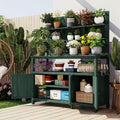 Potting Bench Table with Hutch, 50.2' Solid Fir Wood Garden Workstation, Large Countertop, 2 Shelves, 2 Cabinets, 3 Side Hooks, Outdoor Planting Table for Gardening, Forest Green