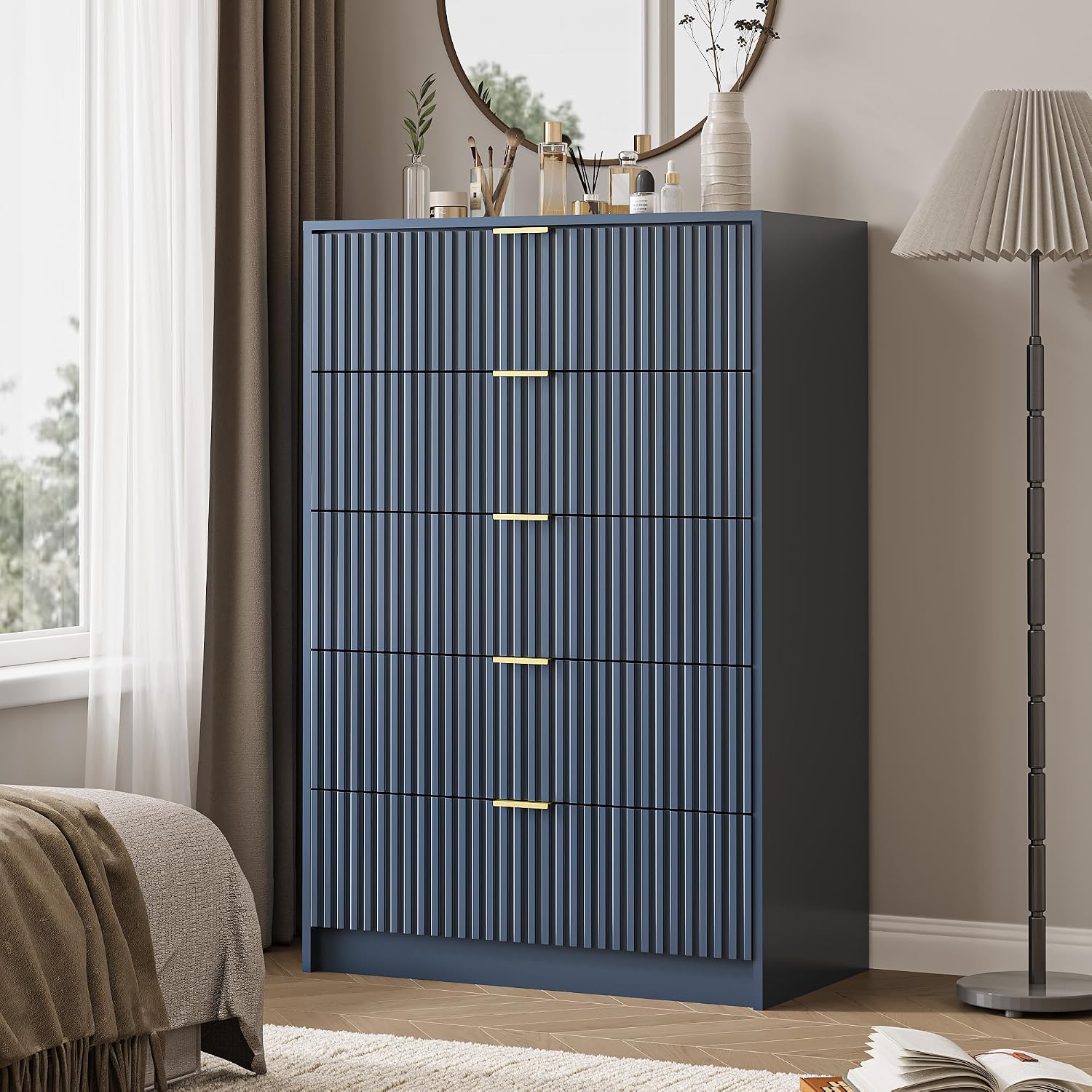 MAISONARIA 5 Drawer Dresser for Bedroom, Tall Dresser Chest of Drawers with Gold Handles, 32 Inch Wide Nightstand with for Bedroom, Living Rooms, Offices, and Entryways, Navy Blue