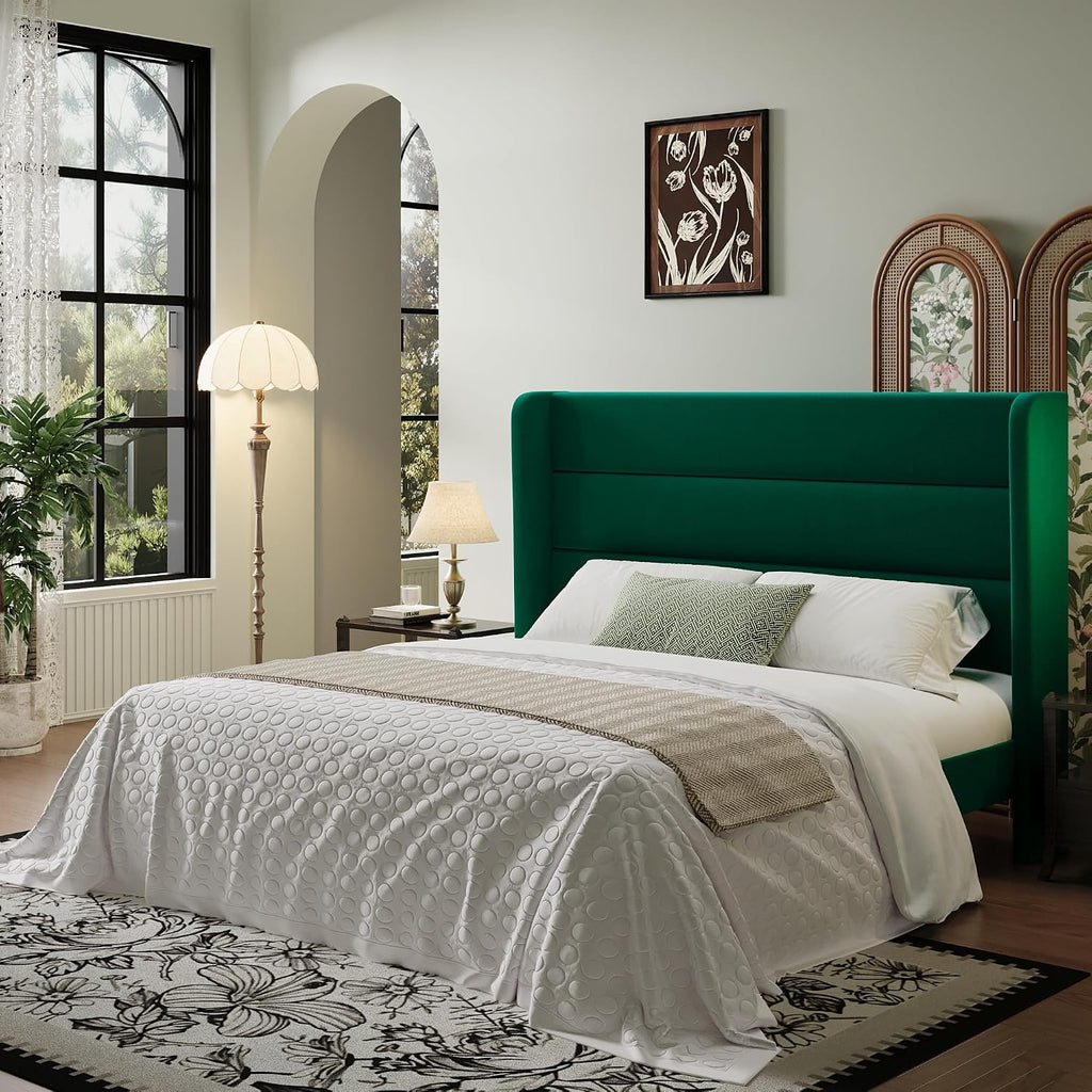 SHA CERLIN Full Size Velvet Bed Frame with Wingback Headboard/Upholstered Platform Bed with Wooden Slats/Mattress Foundation/No Box Spring Needed/Easy Assembly/Green