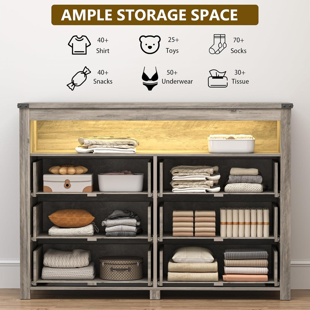 Dresser for Bedroom with 6 Drawers, Wide Chest of Drawers with LED Light and Power Outlet, Wooden Closet Organizer Clothes Storage Cabinet, Modern Double Dressers for Living Room, Hallway, Grey