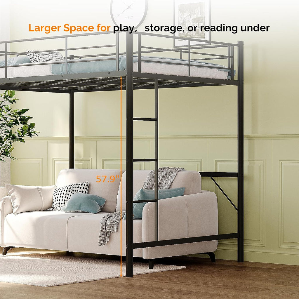 VINGLI Full Size Loft Bed Kids Loft with 2 Stairs Design,Space-Saving Double Bed for Teens, Adults, Heavy Duty Metal Square Slat, No Box Spring Needed,Black