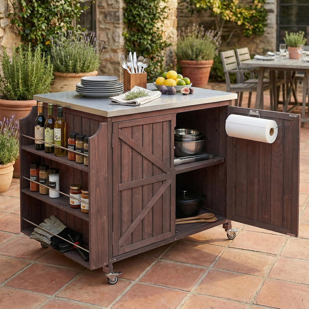 42.1' Outdoor Kitchen Island with Side Shelf,Patio Grill Cart with Storage,Stainless Steel Top, Adjustable Shelf and 4 Wheels,for Pizza Prep (Dark Brown-P)