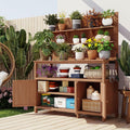 Rustic 50.2' Solid Fir Wood Patio Potting Bench with Hutch,Garden Workstation with Large Countertop,2 Shelves,2 Cabinets,3 Side Hooks,Planting Table for Backyard (Natural#H)