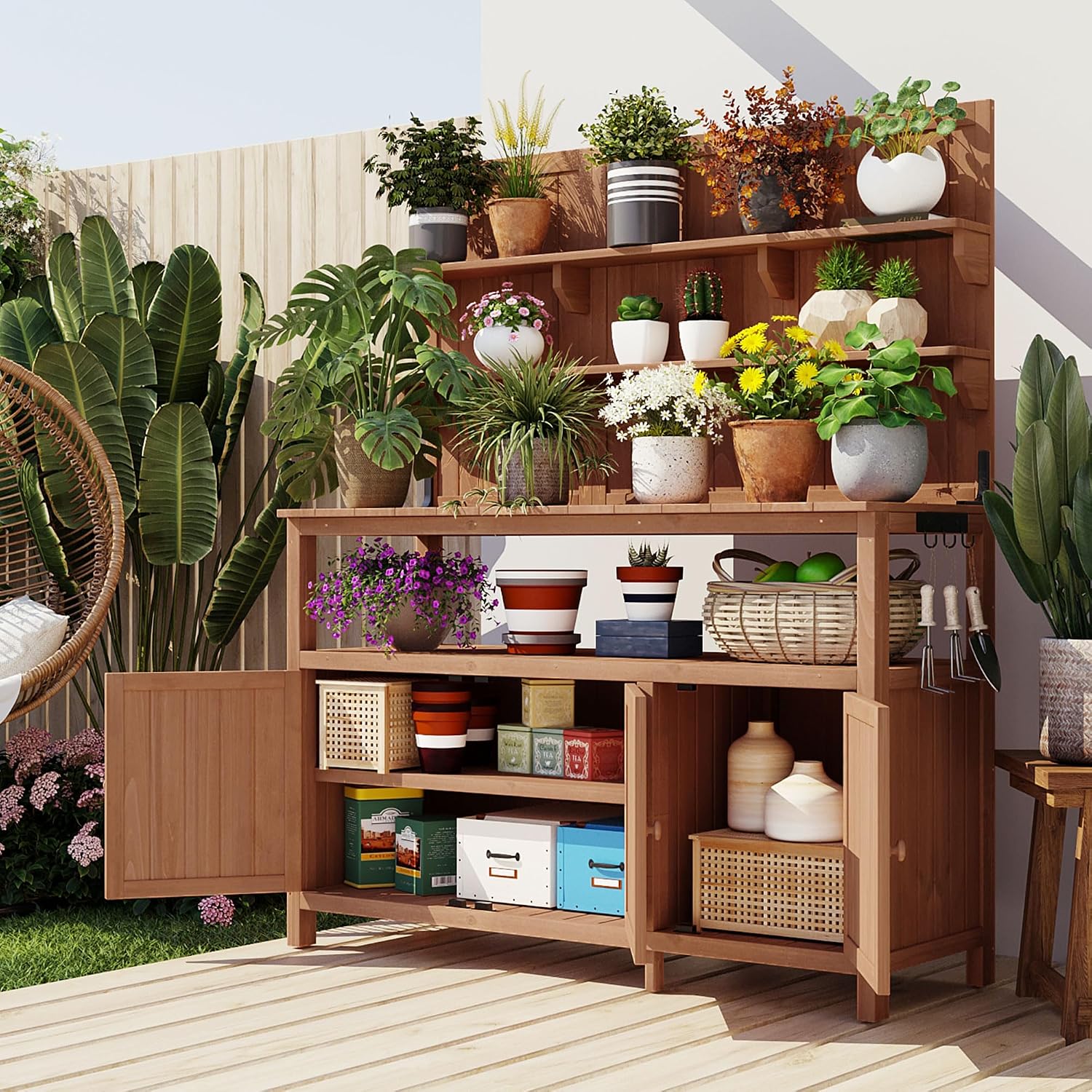 Rustic 50.2' Solid Fir Wood Patio Potting Bench with Hutch,Garden Workstation with Large Countertop,2 Shelves,2 Cabinets,3 Side Hooks,Planting Table for Backyard (Natural#H)