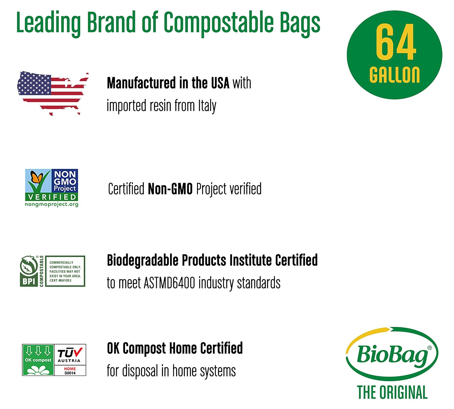 BioBag (USA) The Original Compostable Bag, 64 Gallon, 60 Count, 100% Certified & (USA) The Original Compostable Bag, 23 Gallon, 120 Count, 100% Certified Compostable Trash