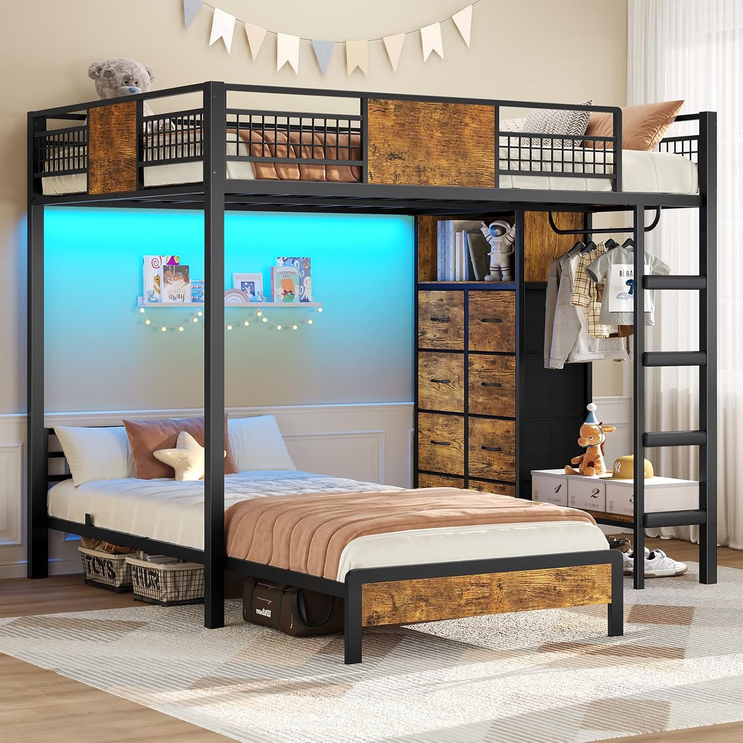 ADORNEVE Full Over Twin Bunk Bed with 8 Storage Drawers, Metal Loft Bed with Led Lights & Storage Shelves, Bunk Beds Twin over Full Size with 13.4' H Safety Guardrail & Ladder, for Kids & Teens, Black