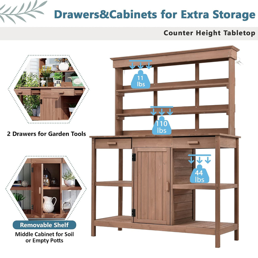 66-Inch Outdoor Potting Bench with 2 Drawers, Cabinets, and Open Shelves, Anti-Falling Safety Device, Wooden Garden Potting Table for Backyard, Patio Brown As Shown One Size