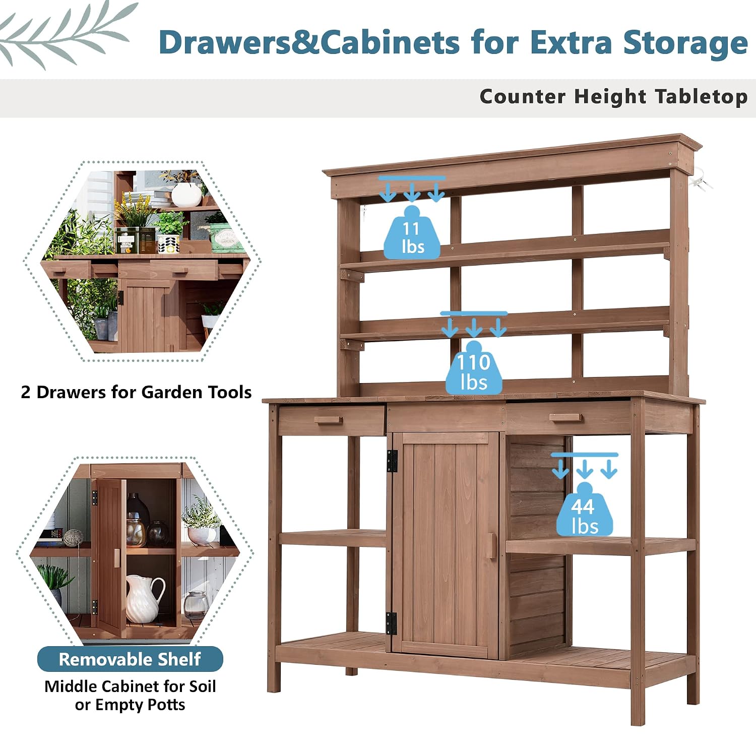 66-Inch Outdoor Potting Bench with 2 Drawers, Cabinets, and Open Shelves, Anti-Falling Safety Device, Wooden Garden Potting Table for Backyard, Patio Brown As Shown One Size
