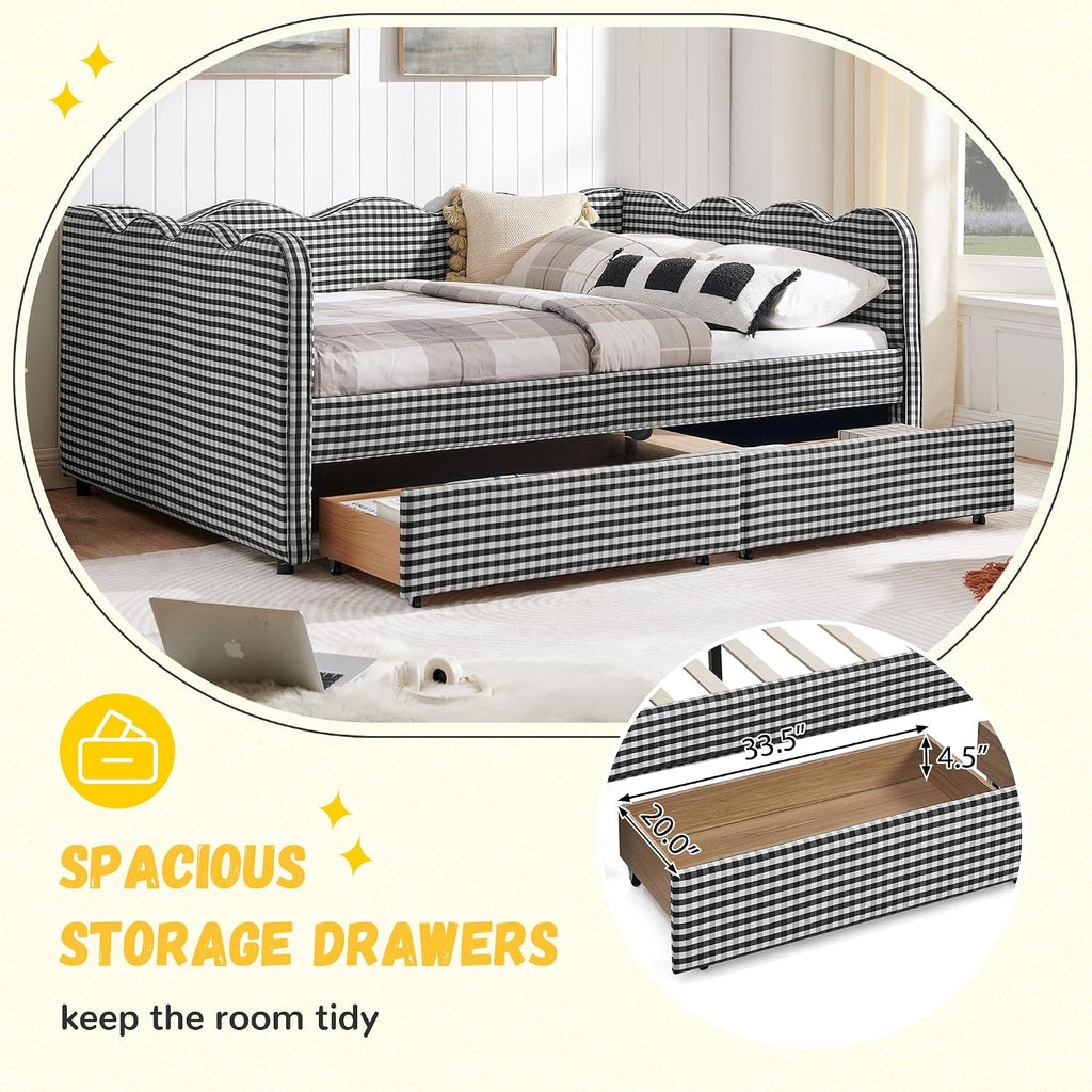 DEINPPA Full Size Upholstered Daybed with 2 Storage Drawers, Gingham Daybed with USB Ports for Bedroom Living Room Guest Room-Black
