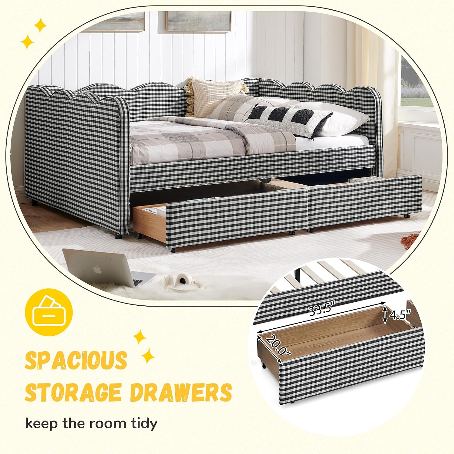DEINPPA Full Size Upholstered Daybed with 2 Storage Drawers, Gingham Daybed with USB Ports for Bedroom Living Room Guest Room-Black