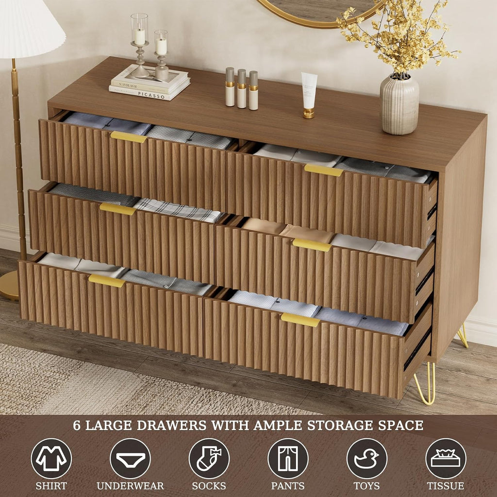 LYNSOM Fluted Dresser for Bedroom, Walnut 6 Drawer Dresser with Gold Handles and Wide Drawers, Wood Chest of Drawers for Bedroom, Hallway