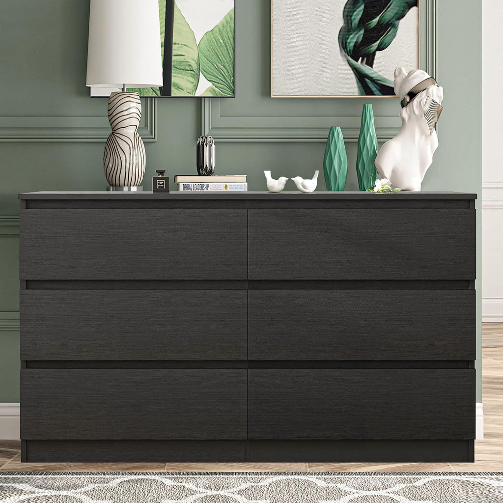 Vibe & Dine Double Dresser 6 Drawer, Modern Chest of Drawers with Wide Storage for Closet, Bedroom, Living Room, Black