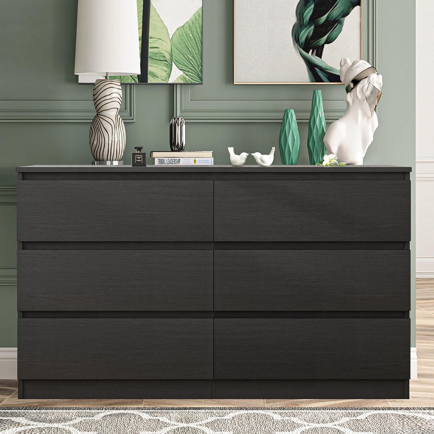 Vibe & Dine Double Dresser 6 Drawer, Modern Chest of Drawers with Wide Storage for Closet, Bedroom, Living Room, Black