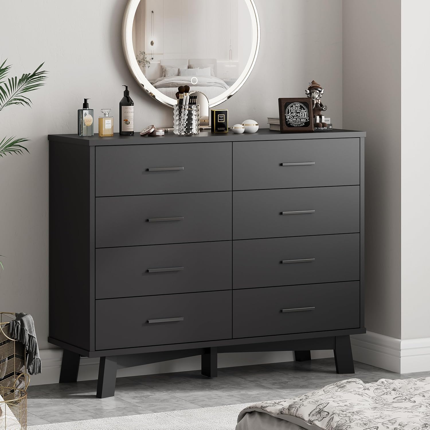 Xixini Dresser for Bedroom, 8 Drawer Wide Modern Chest of Drawers with X-Shaped Sturdy Base, Wood Double Dresser Closet Clothes Storage Organizer, Wooden TV Stand for Living Room, Hallway, Black