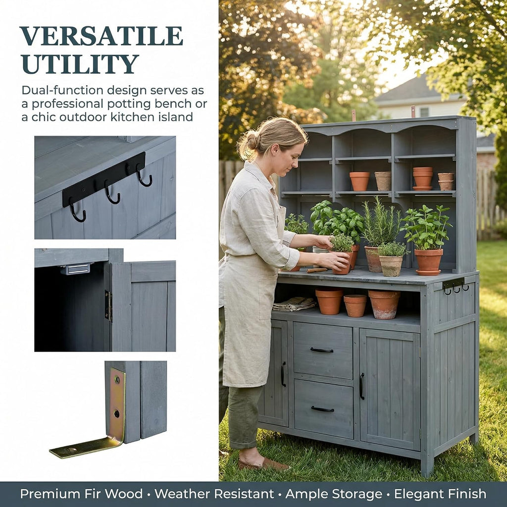 Polibi Large Fir Wood Potting Bench 45.3' Outdoor Patio Kitchen Island with Hutch, Cabinets, Drawers & Hooks, Multi-Functional Gardening Workbench for Grill, Gray