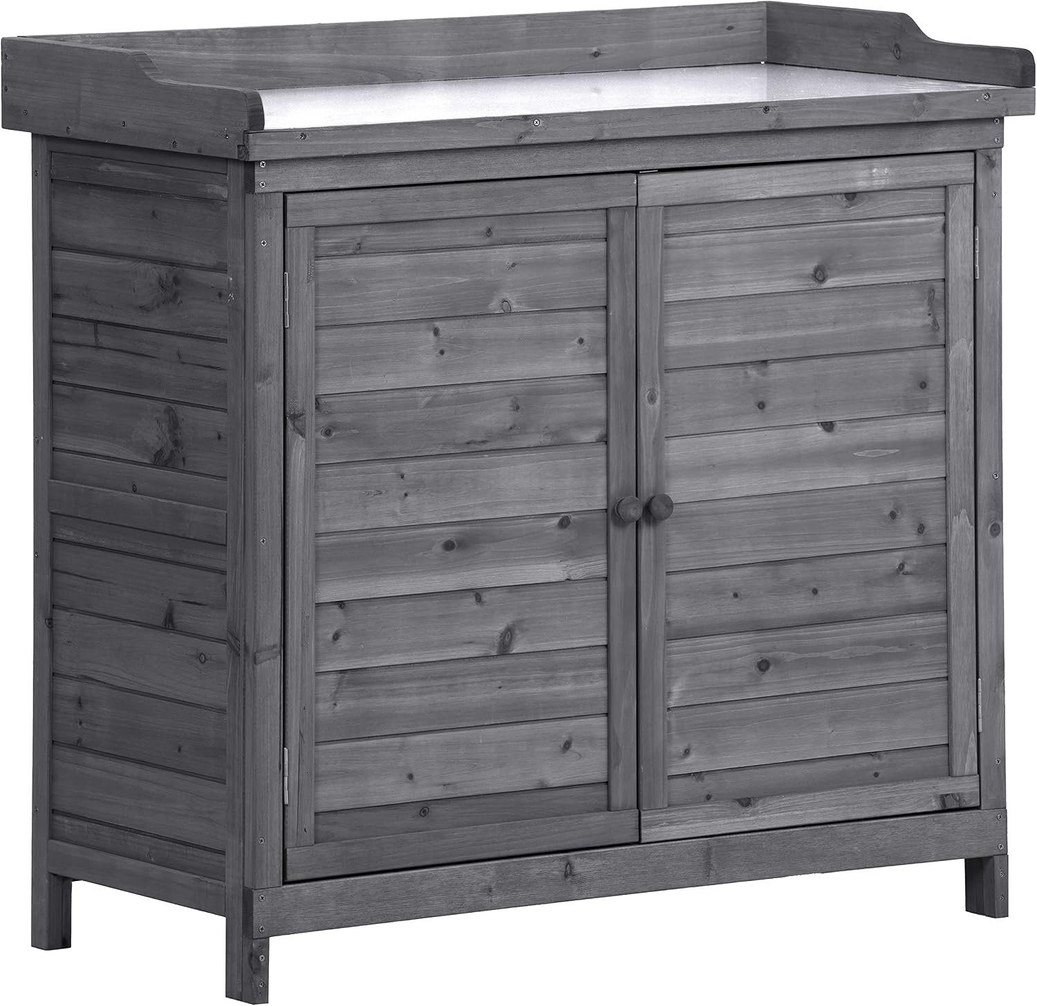 Outdoor 39' Potting Bench Table, Rustic Wood Workstation Storage Cabinet GShed with 2 Tier Shelves and Side Hook, Grey