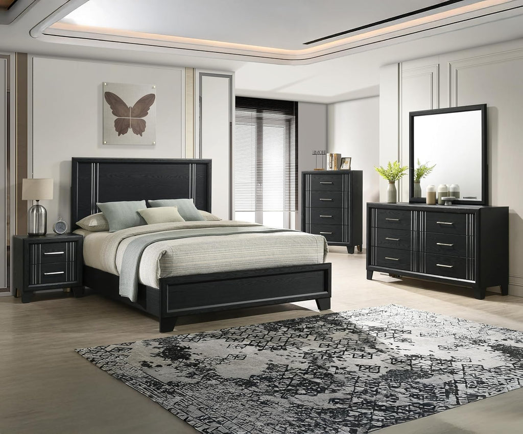 Contemporary Beautiful Charcoal Finish Full Size Panel Bed Wooden 4pc Bedroom Furniture Set