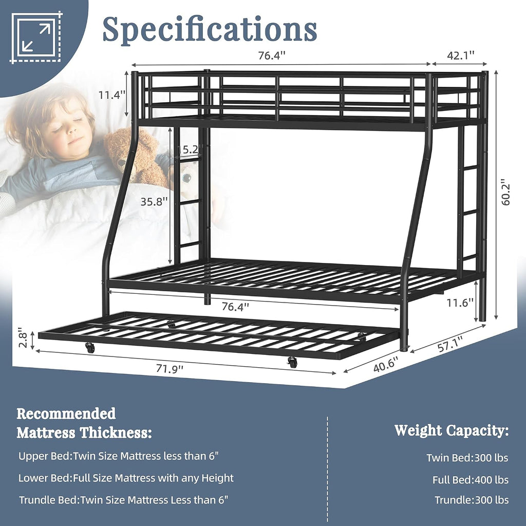 Shintenchi Bunk Bed Twin Over Full Size with Trundle, Heavy-Duty Twin&Full Frame with Full-Length Guardrail and Two Ladders, Triple for Kids, Teens and Adults, Space-Saving, Black