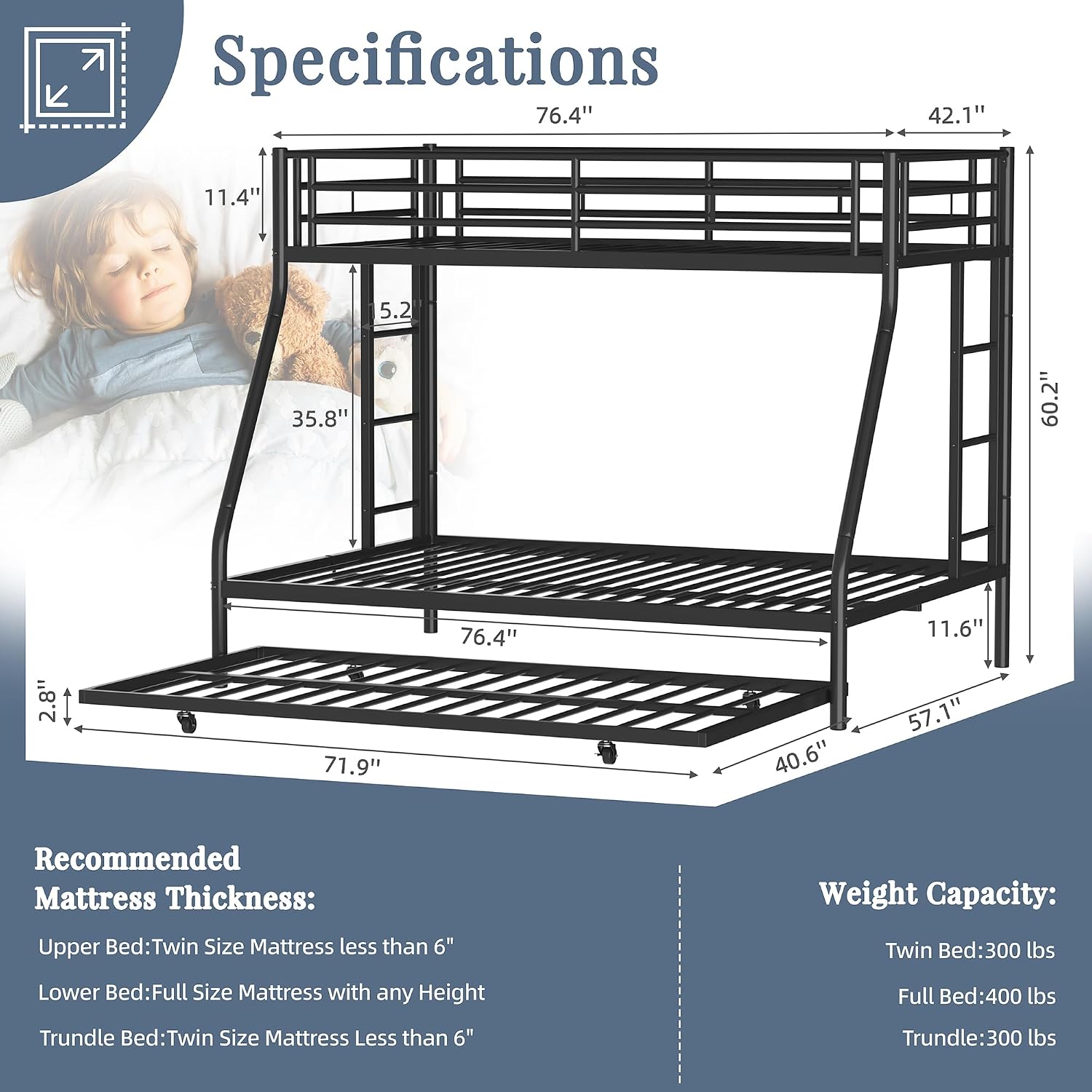 Shintenchi Bunk Bed Twin Over Full Size with Trundle, Heavy-Duty Twin&Full Frame with Full-Length Guardrail and Two Ladders, Triple for Kids, Teens and Adults, Space-Saving, Black