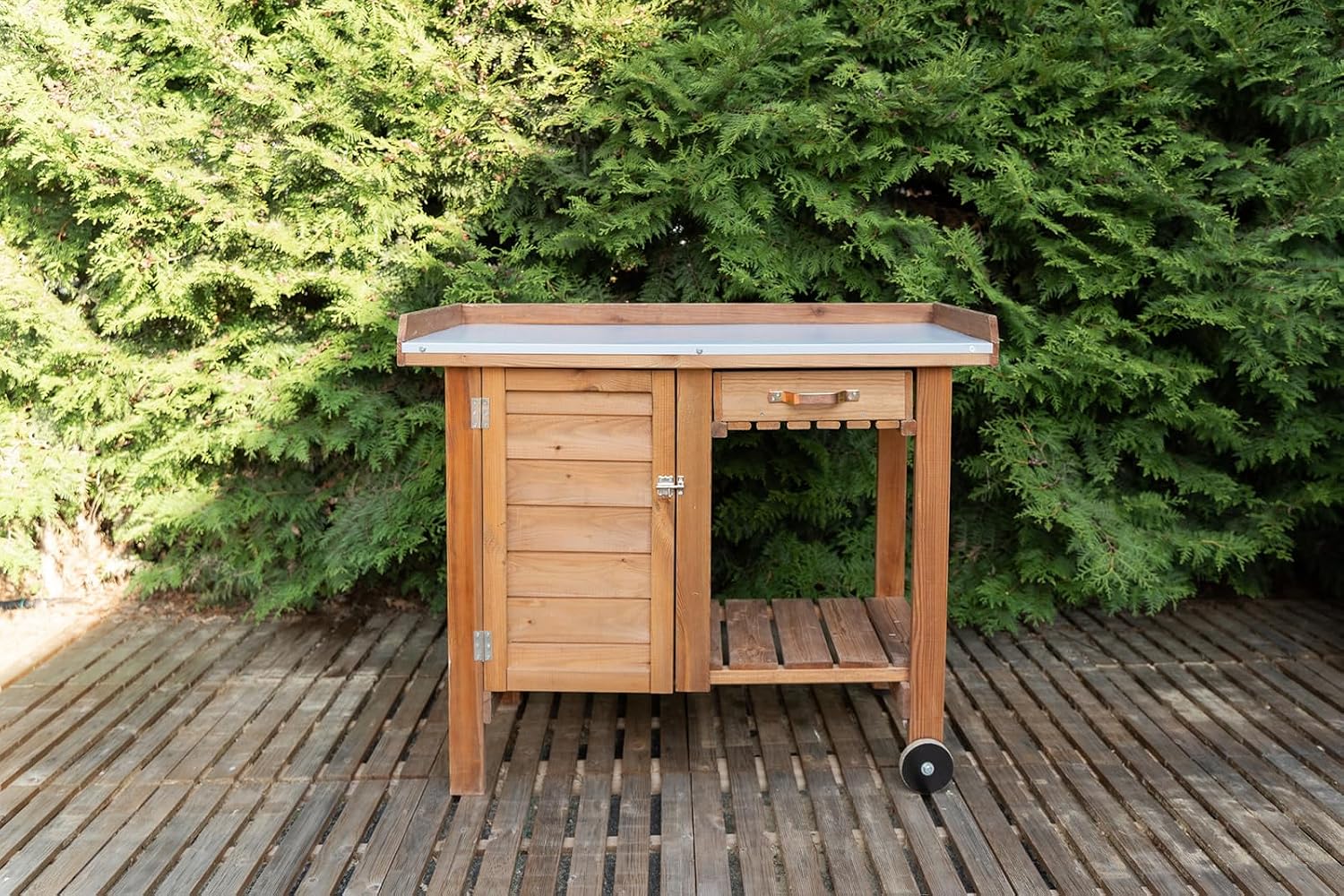 Gardener's Table with Tin Work Surface, Wheels, Cabinet, and Drawer, 42.5' L x 20.5' W x 35.5' H; 73 lbs